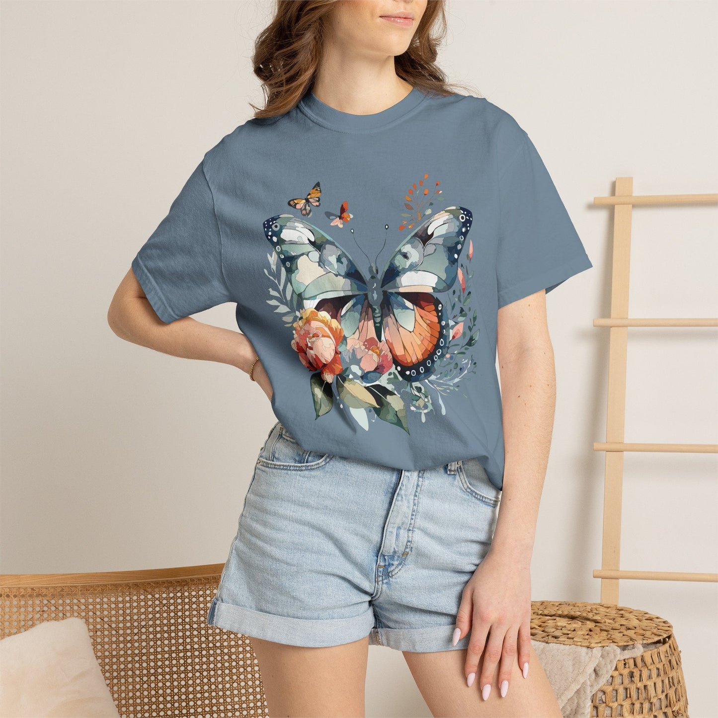 Butterfly Floral Print T-Shirt Botanical Design Unisex Heavy Cotton Tee b1
