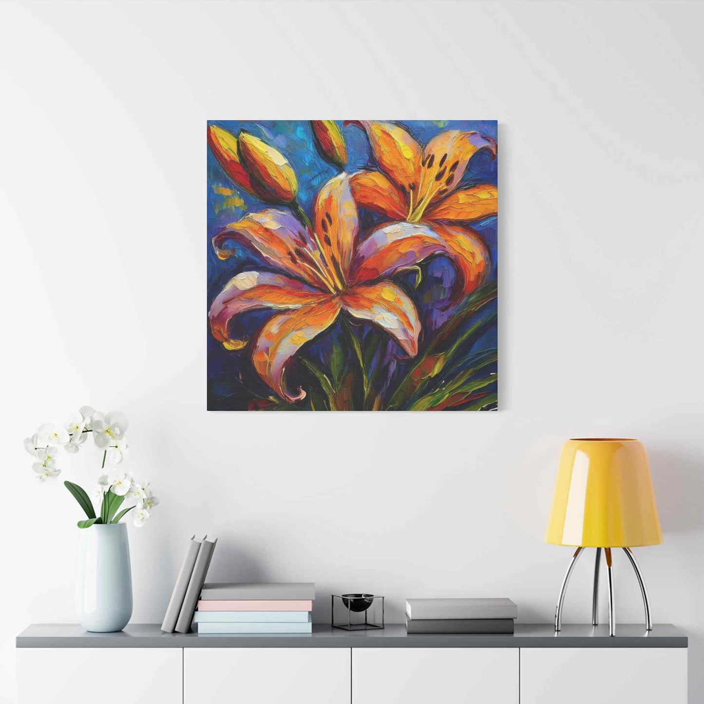 Gold Lilies Print Canvas, Floral Oil Paint Print 20x20, 24x24, 30x30, 32x32, 36x36 Art Design Pine-Wood Inner Frame MC-151