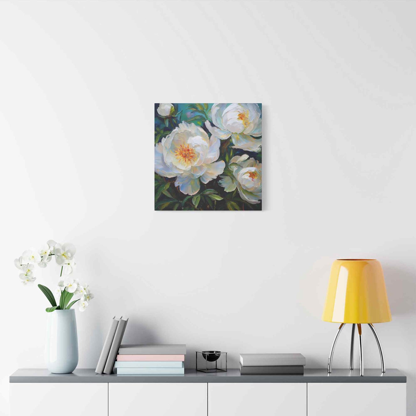 White Peonies Print Canvas, Floral Oil Paint Print 20x20, 24x24, 30x30, 32x32, 36x36 Art Design Pine-Wood Inner Frame MC-119