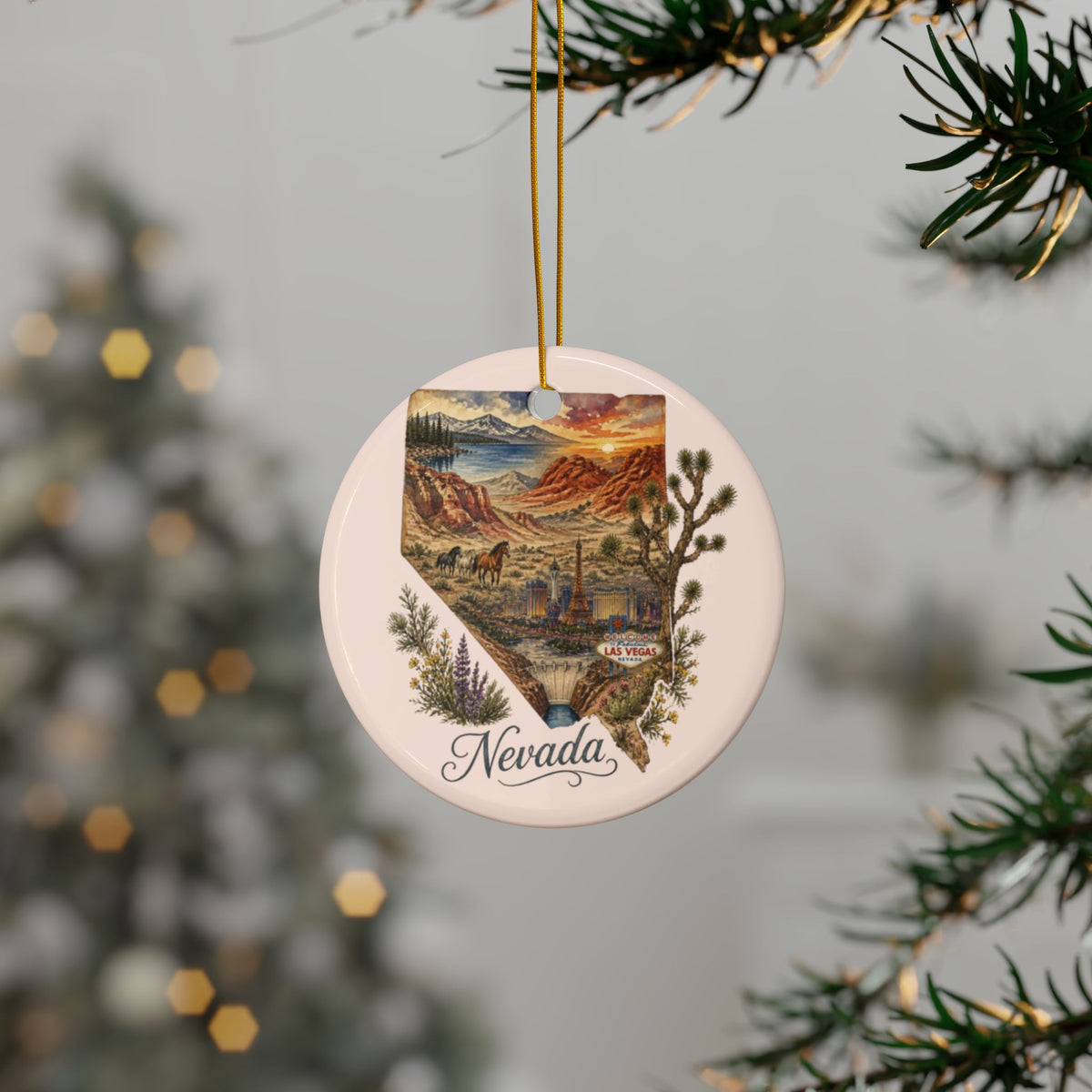 Nevada Scenic State Map Ornament ceramic round, double-sided | Nevada landscape souvenir - 2.99" Includes Gold String