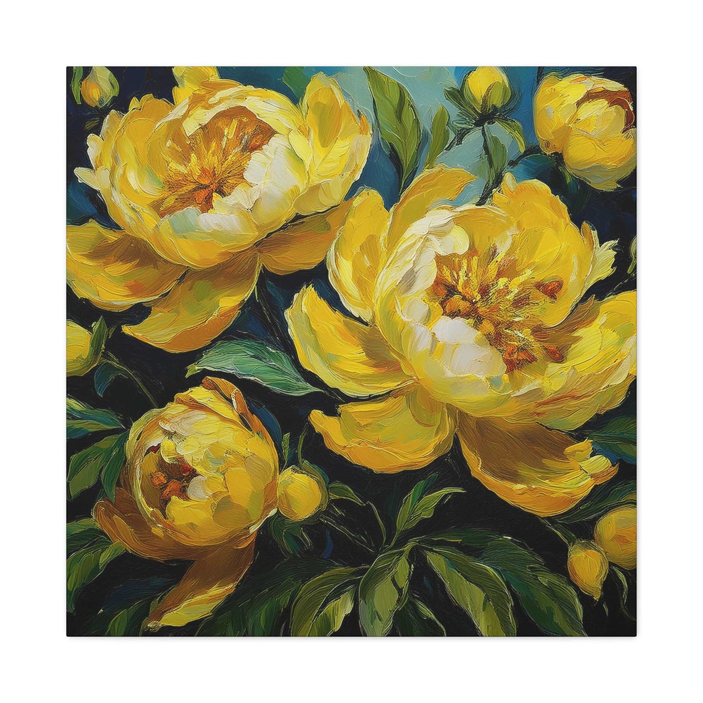 Yellow Peonies Print Canvas, Floral Oil Paint Print 20x20, 24x24, 30x30, 32x32, 36x36 Art Design Pine-Wood Inner Frame MC-121