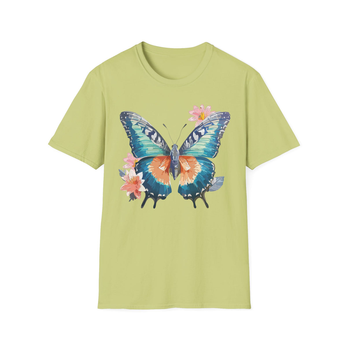 Butterfly Watercolor T-Shirt — Floral Blue Orange Butterfly Graphic Tee Unisex 100 Cotton Gildan T-Shirt