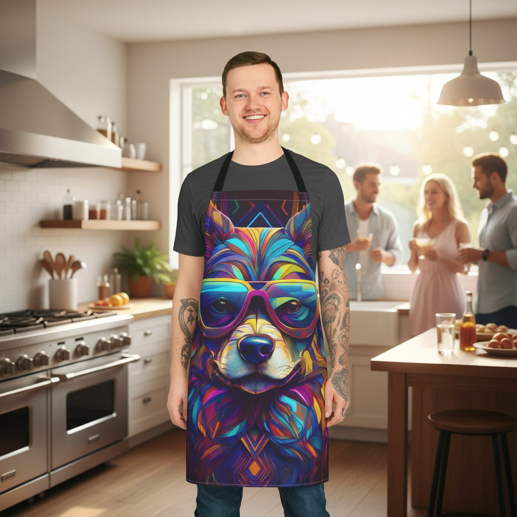 Colorful Cool Dog Apron — Neon Sunglasses Kitchen Apron for Pet Lovers Stain-Resistant - Art Print Canvas Apron