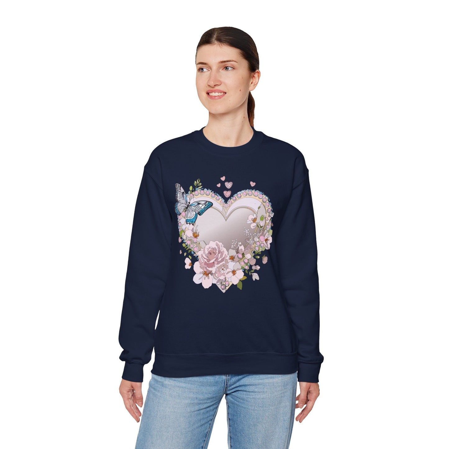 Unisex Floral Heart Sweatshirt For Valentines Day With Floral Love Print Crewneck Heavy Blend