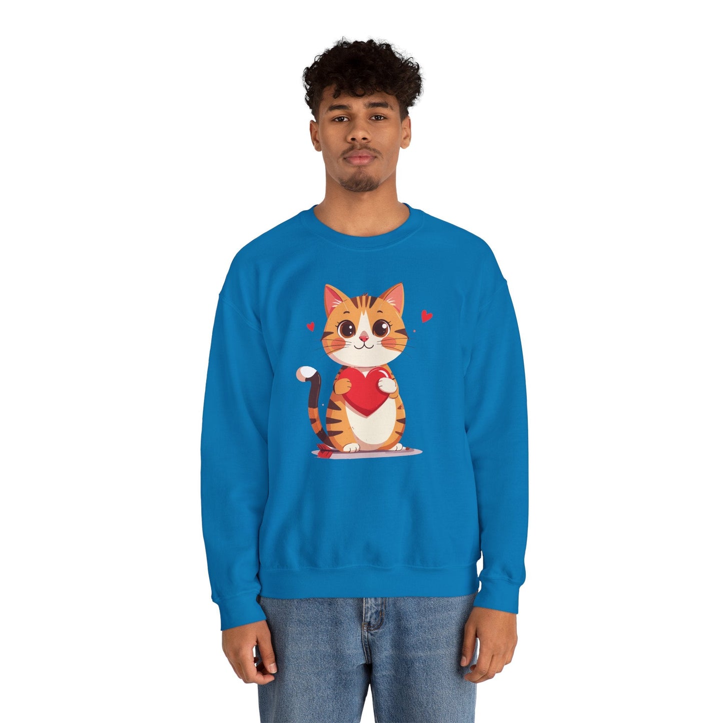 Cat Heart Sweatshirt Unisex Fifty Fifty Cotton Polyester Crewneck Valentines Day Gildan 18000