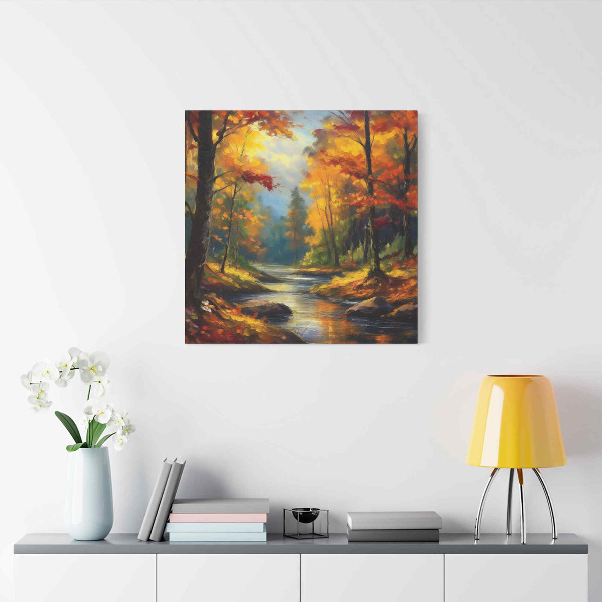 Fall Forest Print Canvas, Oil Paint Print 20x20, 24x24, 30x30, 32x32, 36x36 Art Design Print Pine-Wood Inner Frame MC-104
