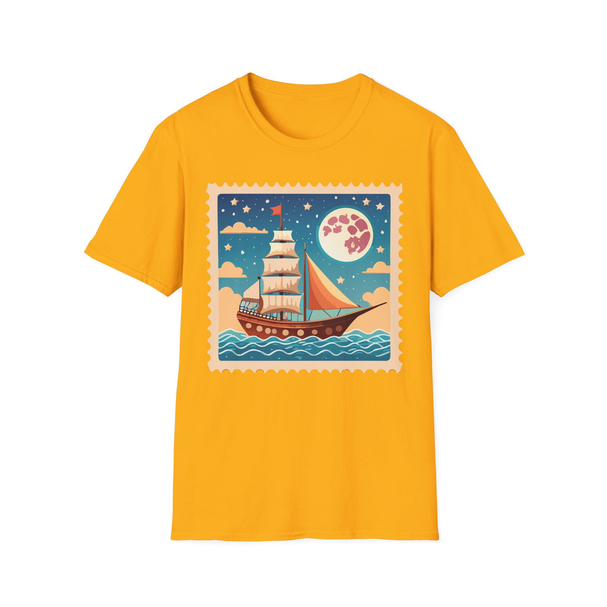 Sailboat Night Scene T-Shirt | Retro Nautical Moon Illustration