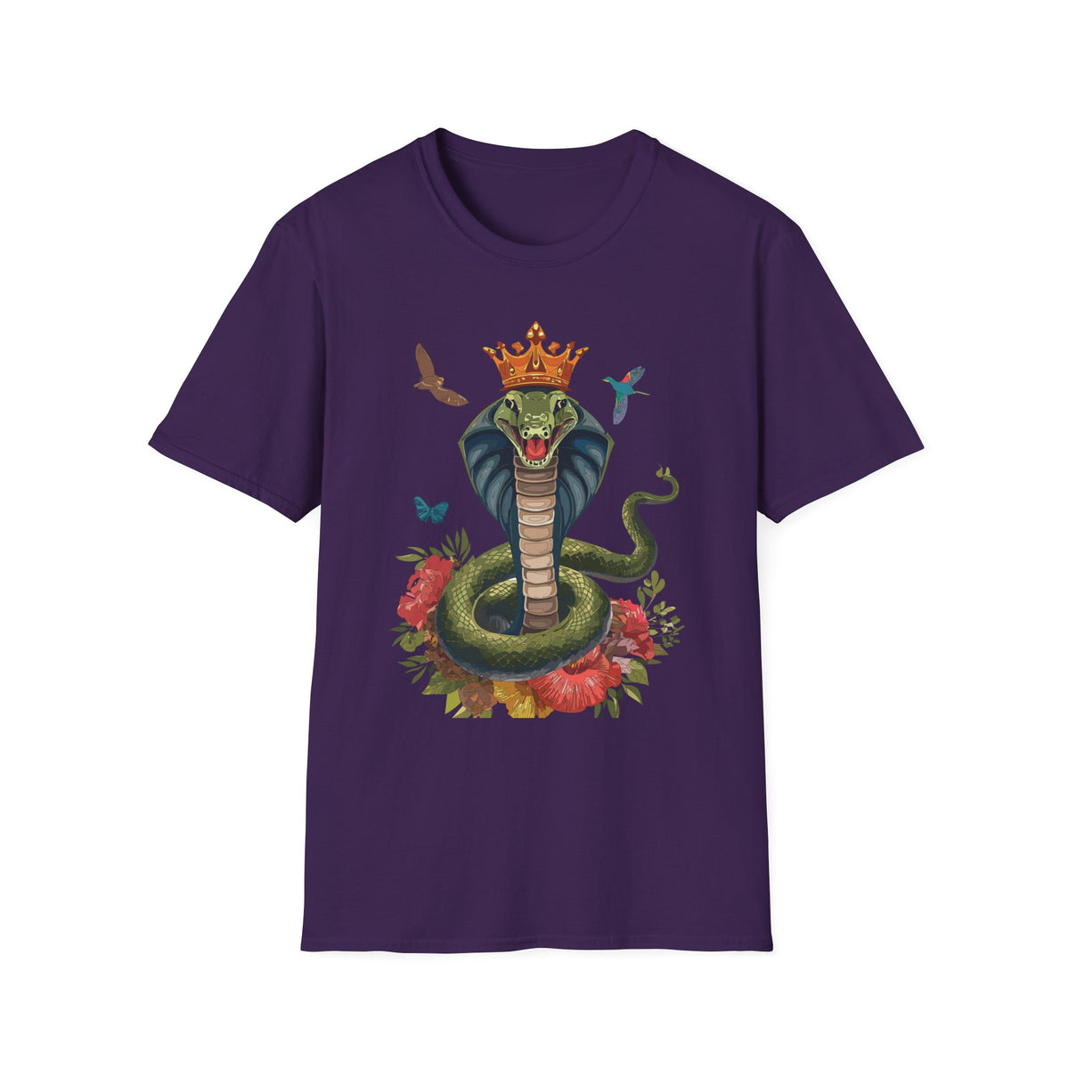 Crowned King Cobra Shirt | Snake Illustration, Floral Accents, Wildlife