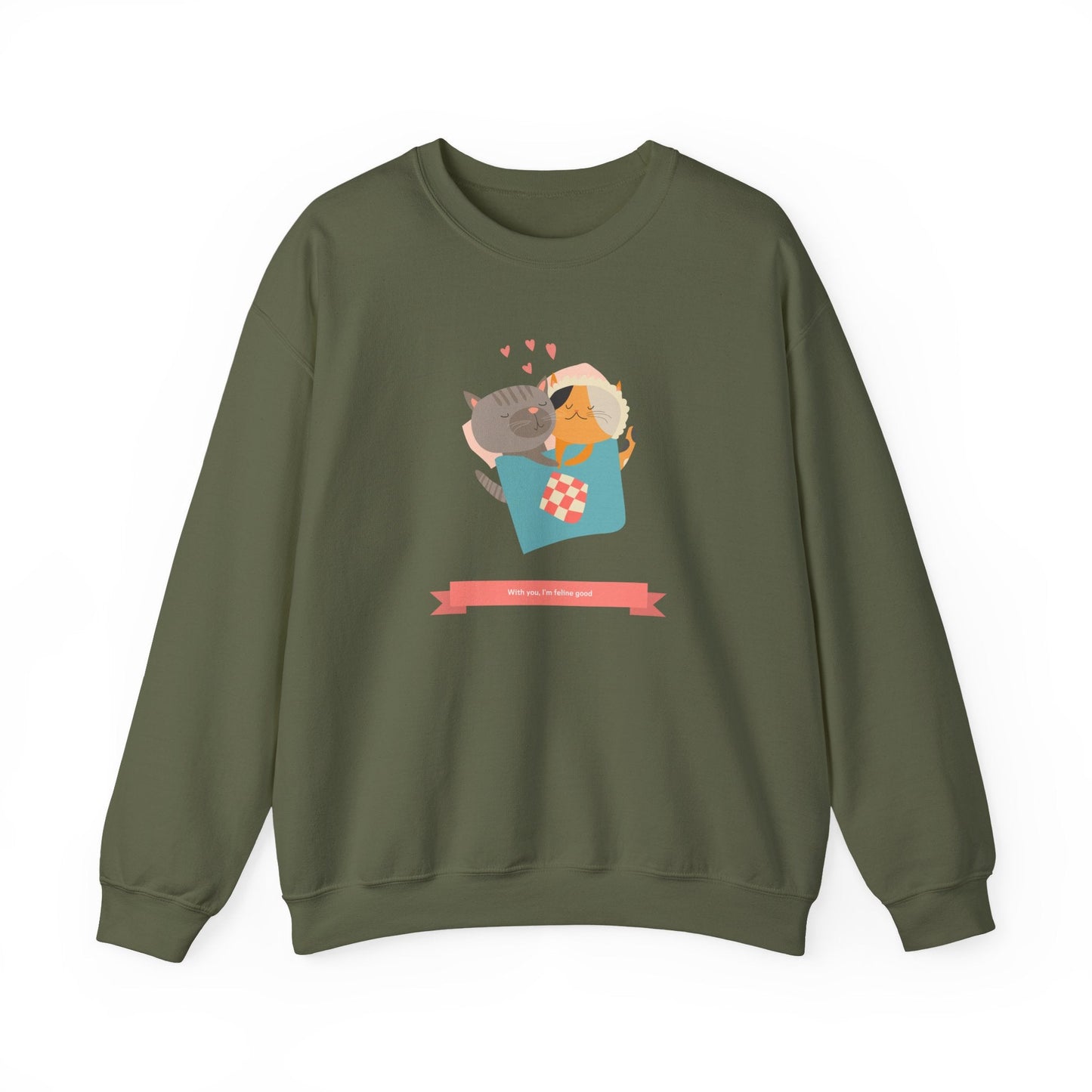 Cat Heart Sweatshirt Unisex Valentines Day 50 50 Cotton Poly Crewneck Gildan 18000