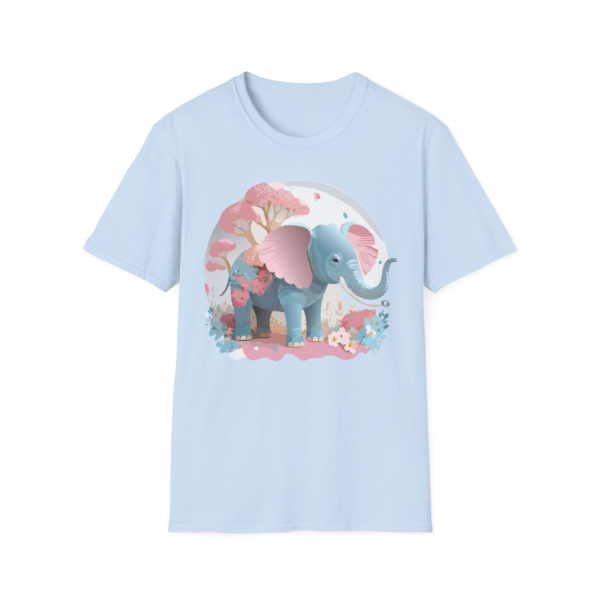 Pink Blue Elephant illustration T-Shirt | Cute Floral Baby Elephant Tee