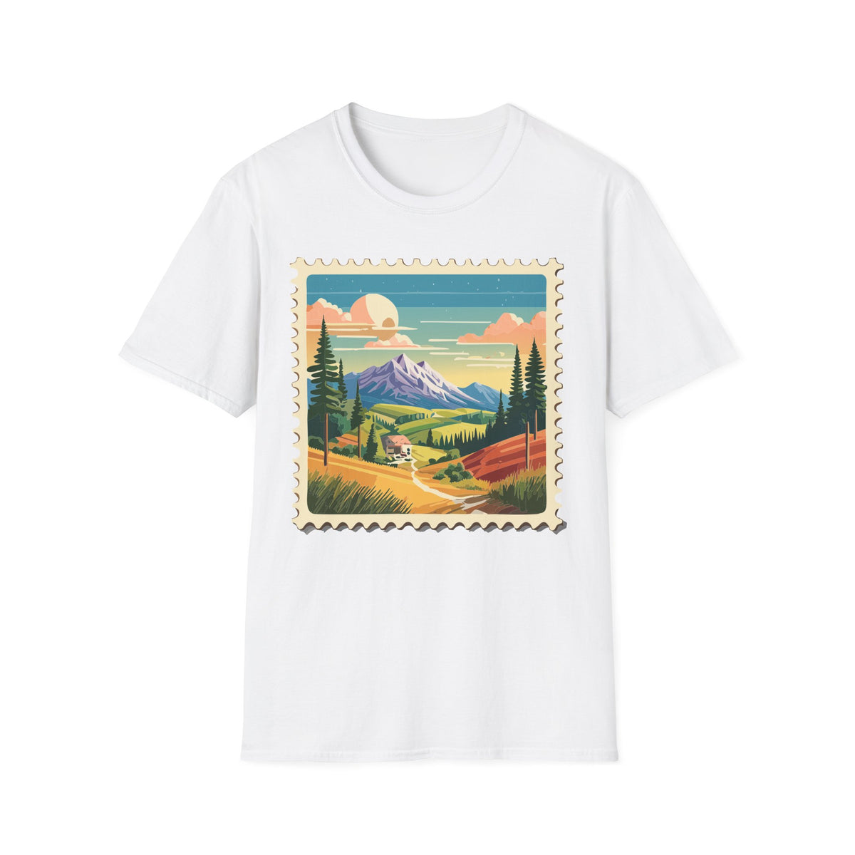 Mountain Landscape Stamp T-Shirt | Retro Sunset Scenic Tee