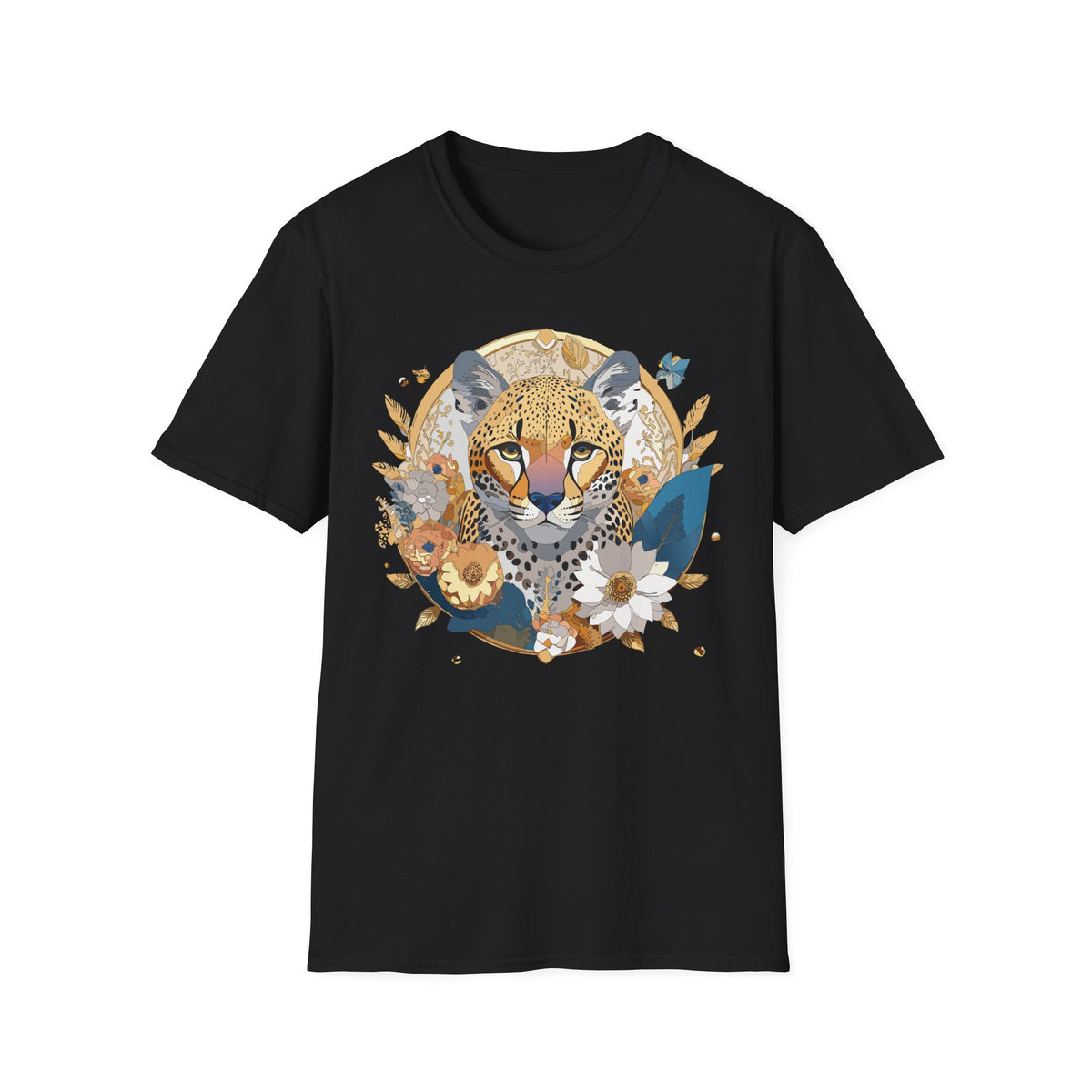 Floral Cheetah Portrait T-Shirt | Leopard Face Botanical Tee
