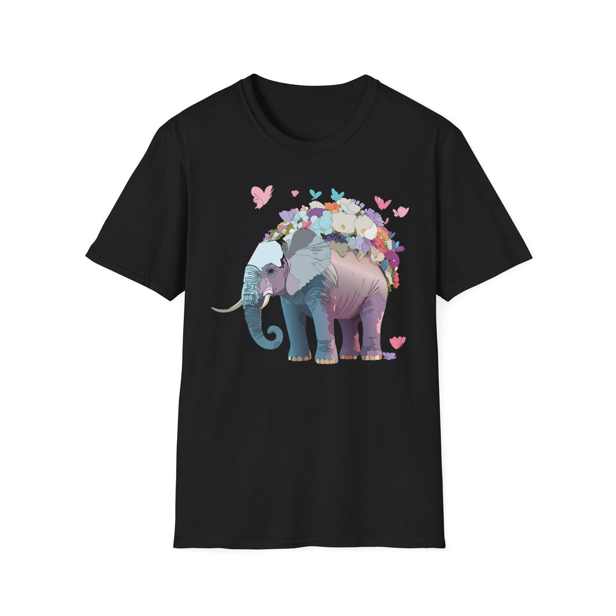 Floral Elephant Illustration T-Shirt | Butterfly Heart Garden Graphic Tee Unisex 100 Cotton Gildan T-Shirt