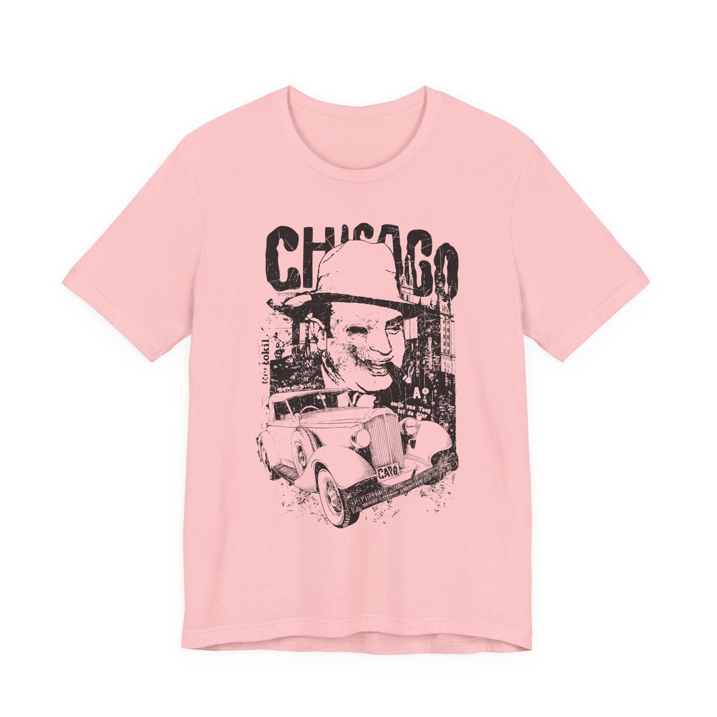Chicago Retro Mobster Illustration Tee Vintage Car Cityscape Art Design T-Shirt A-8