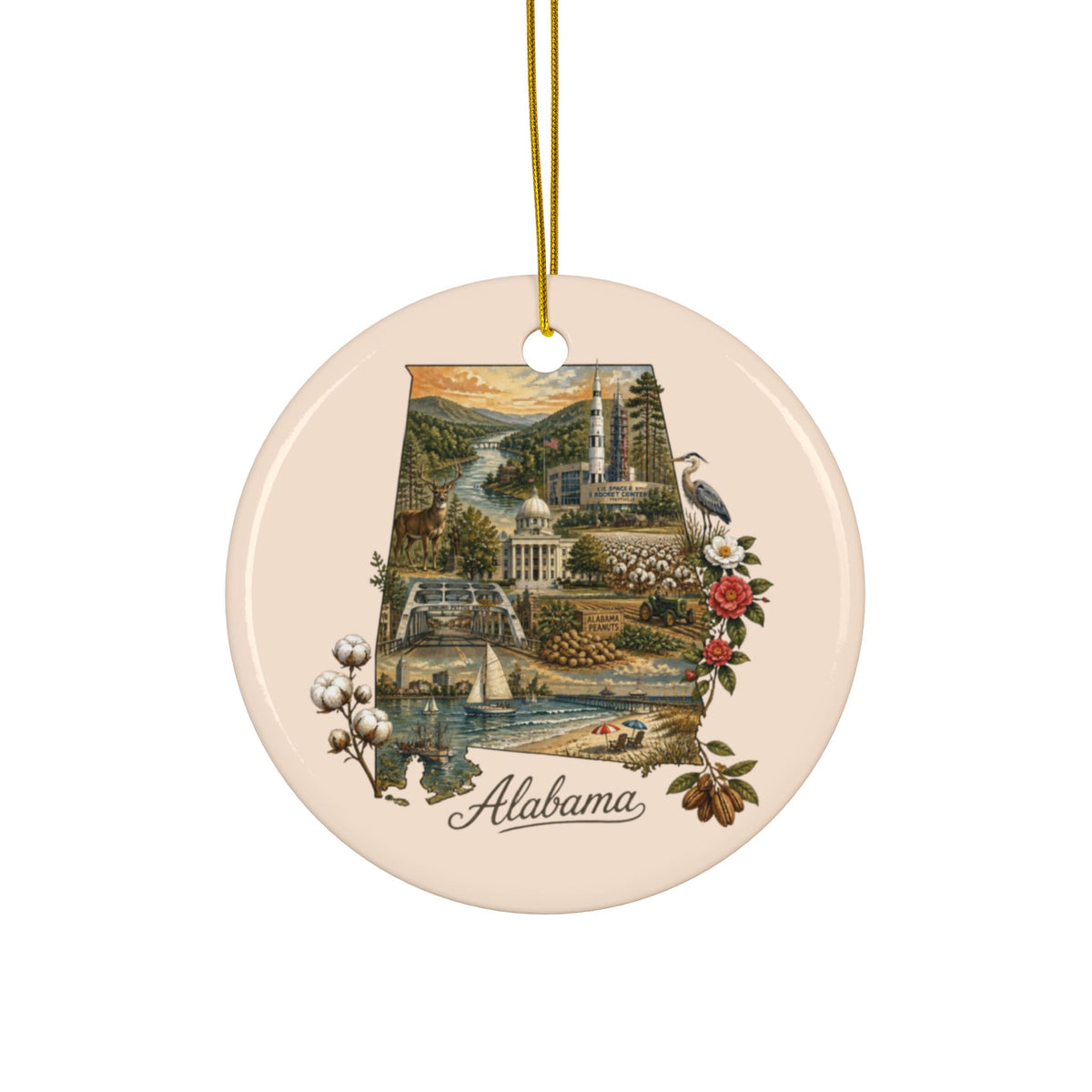 Alabama State Collage Ornament | Ceramic Round Double-Sided - 2.99" Includes Gold String