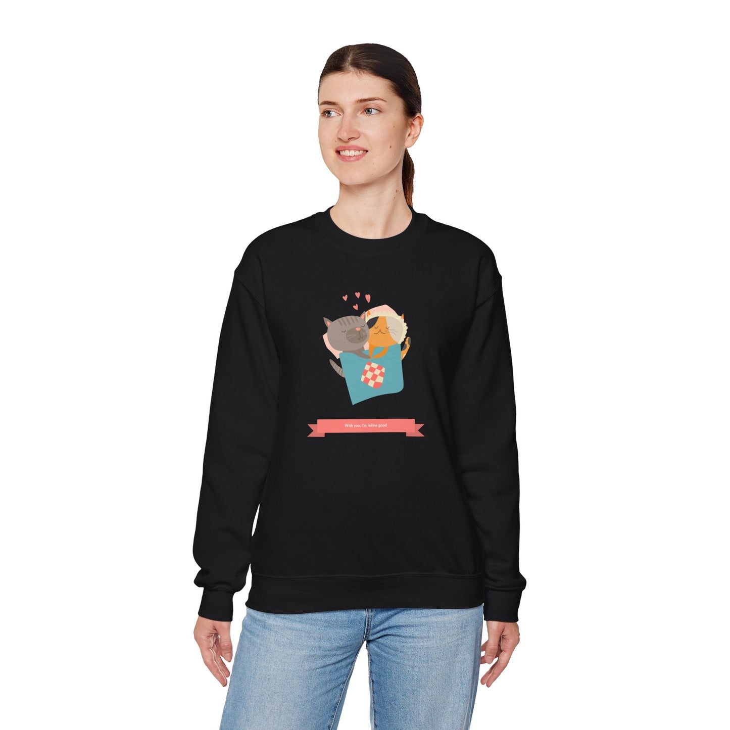Cat Heart Sweatshirt Unisex Valentines Day 50 50 Cotton Poly Crewneck Gildan 18000