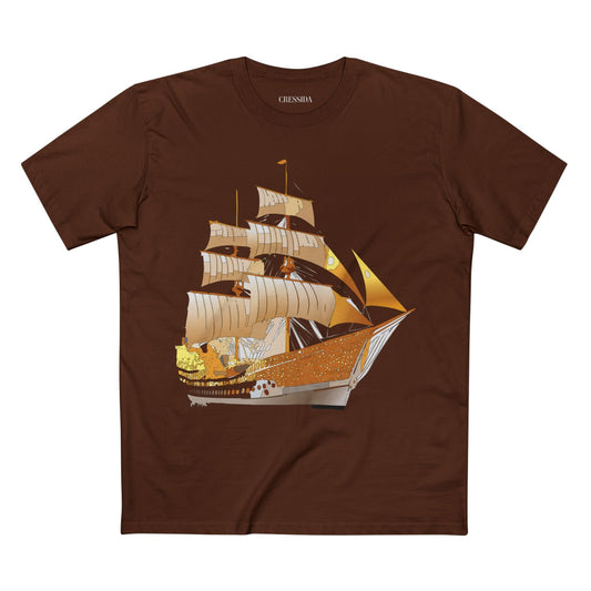 Ship Graphic Unisex 100 Cotton T-Shirt with Gold Frigate Art Design 24