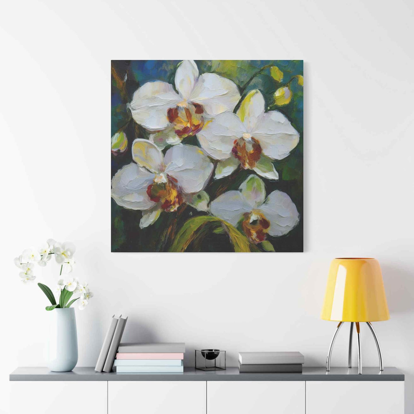 White Orchids Print Canvas, Floral Oil Paint Print 20x20, 24x24, 30x30, 32x32, 36x36 Art Design Pine-Wood Inner Frame MC-136