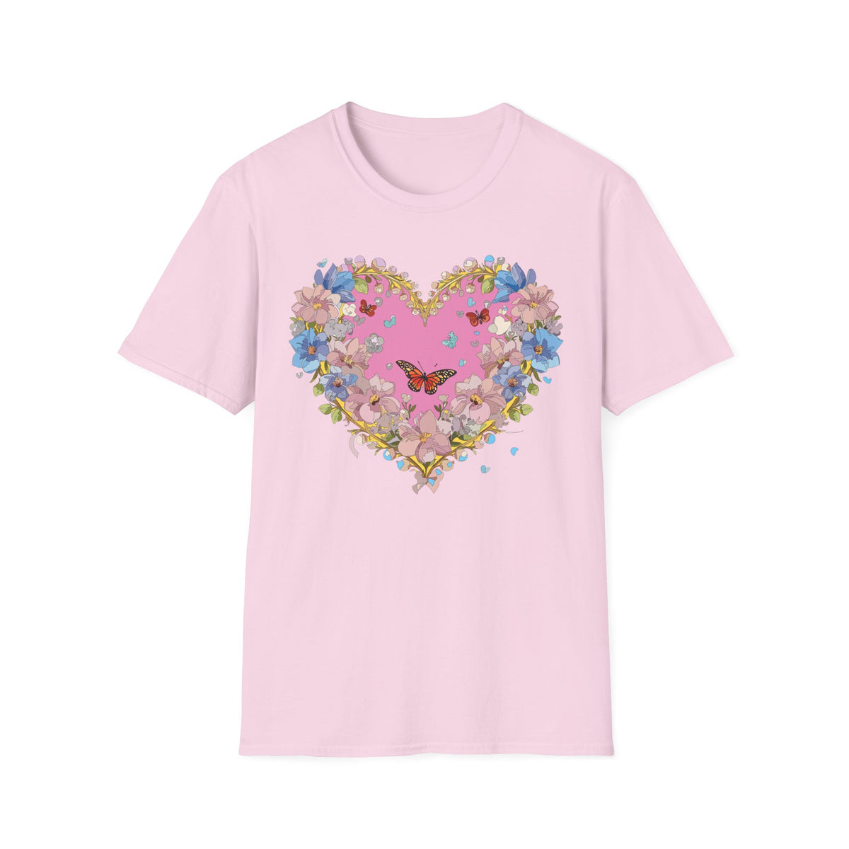 Floral Heart with Butterfly T-Shirt | Pink Bloom Love Graphic Tee Unisex 100 Cotton Gildan T-Shirt