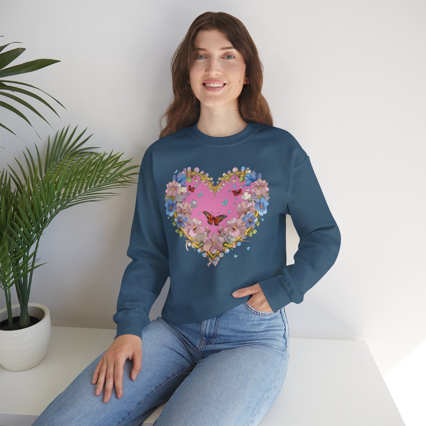 Floral Heart Sweatshirt Unisex Crewneck Gildan 18000 Fifty Fifty Cotton Polyester Valentine's Day