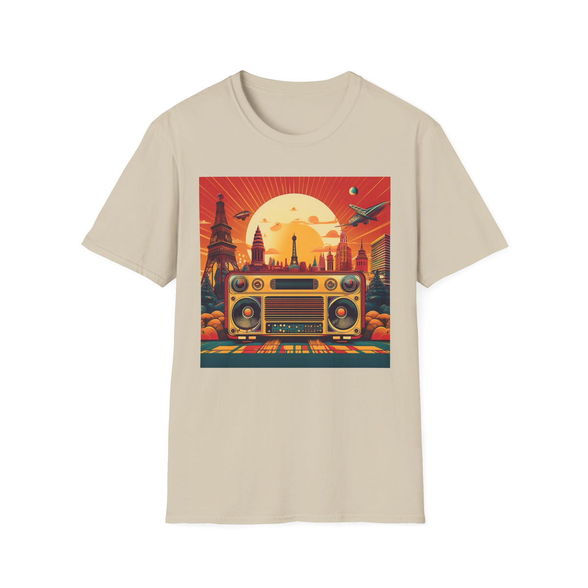 Retro Boombox Sunset Cityscape Graphic Posters, Post Stamps Design Unisex 100 Cotton Gildan T-Shirt