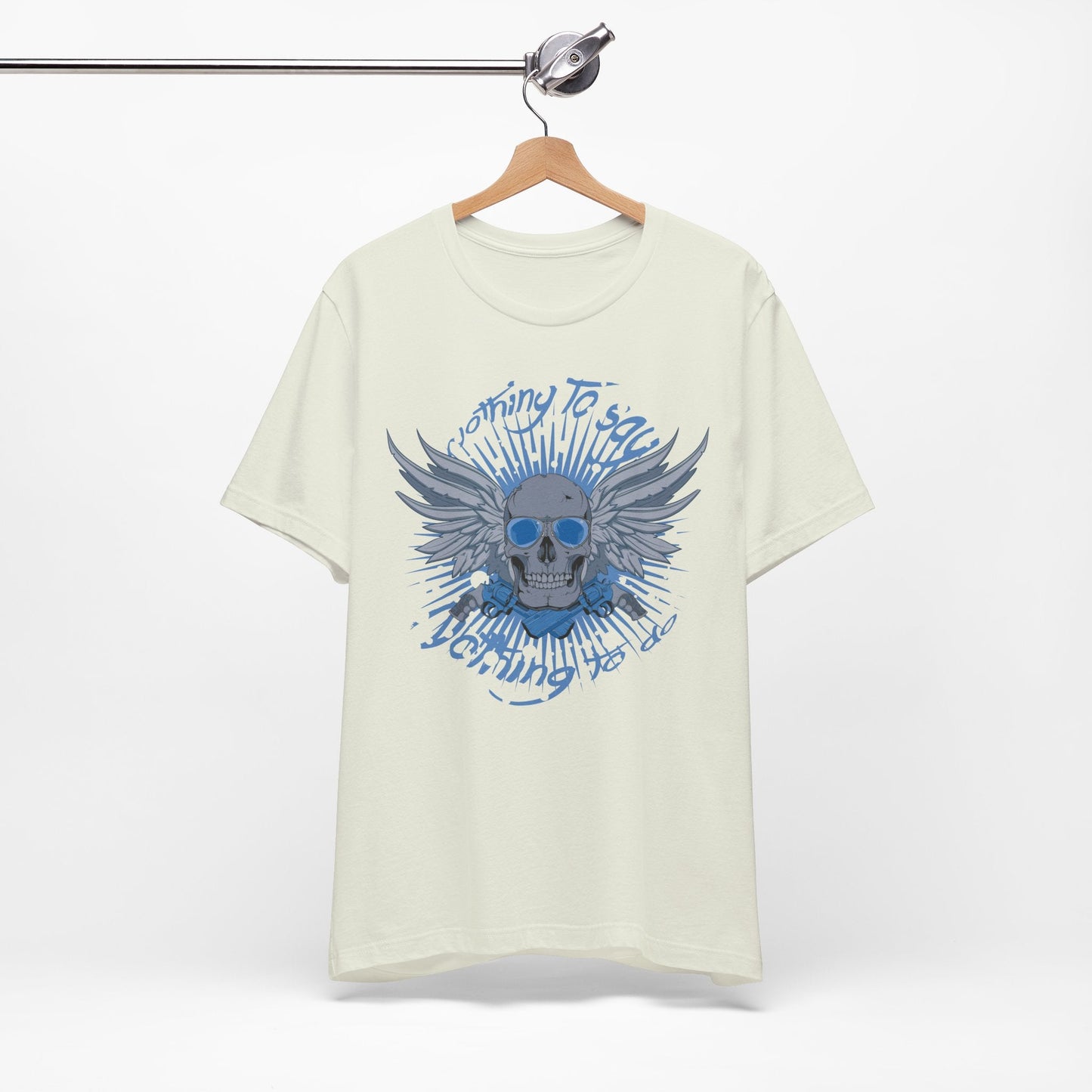 Winged Skull Graphic Tee | Blue Skull with Wings, Radiant Burst
