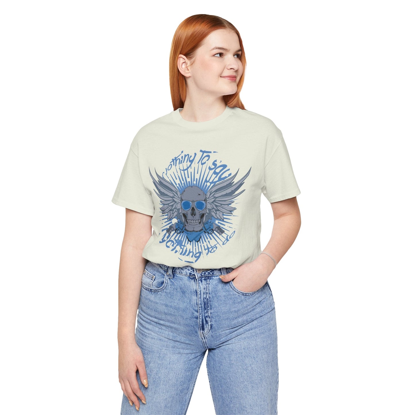 Winged Skull Graphic Tee | Blue Skull with Wings, Radiant Burst