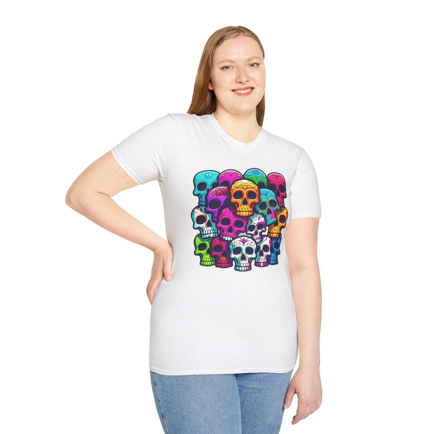 Unisex Skull Tee Shirt With Skeleton Design Gildan Softstyle 64000 100 Percent Ring Spun Cotton