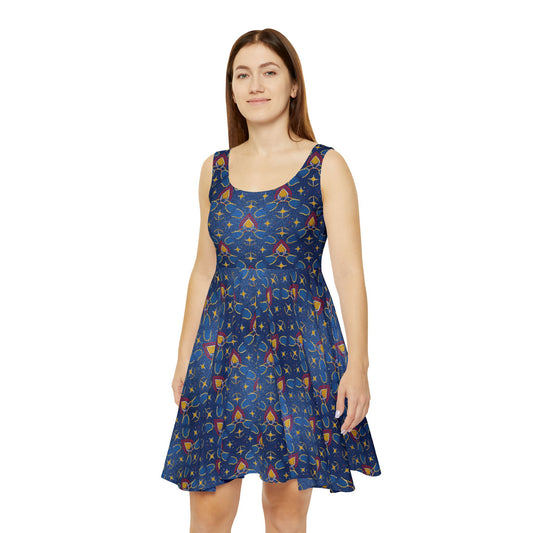 Women Diwali Denim Print Skater Dress, Denim Print Poly-Span Dress - 50