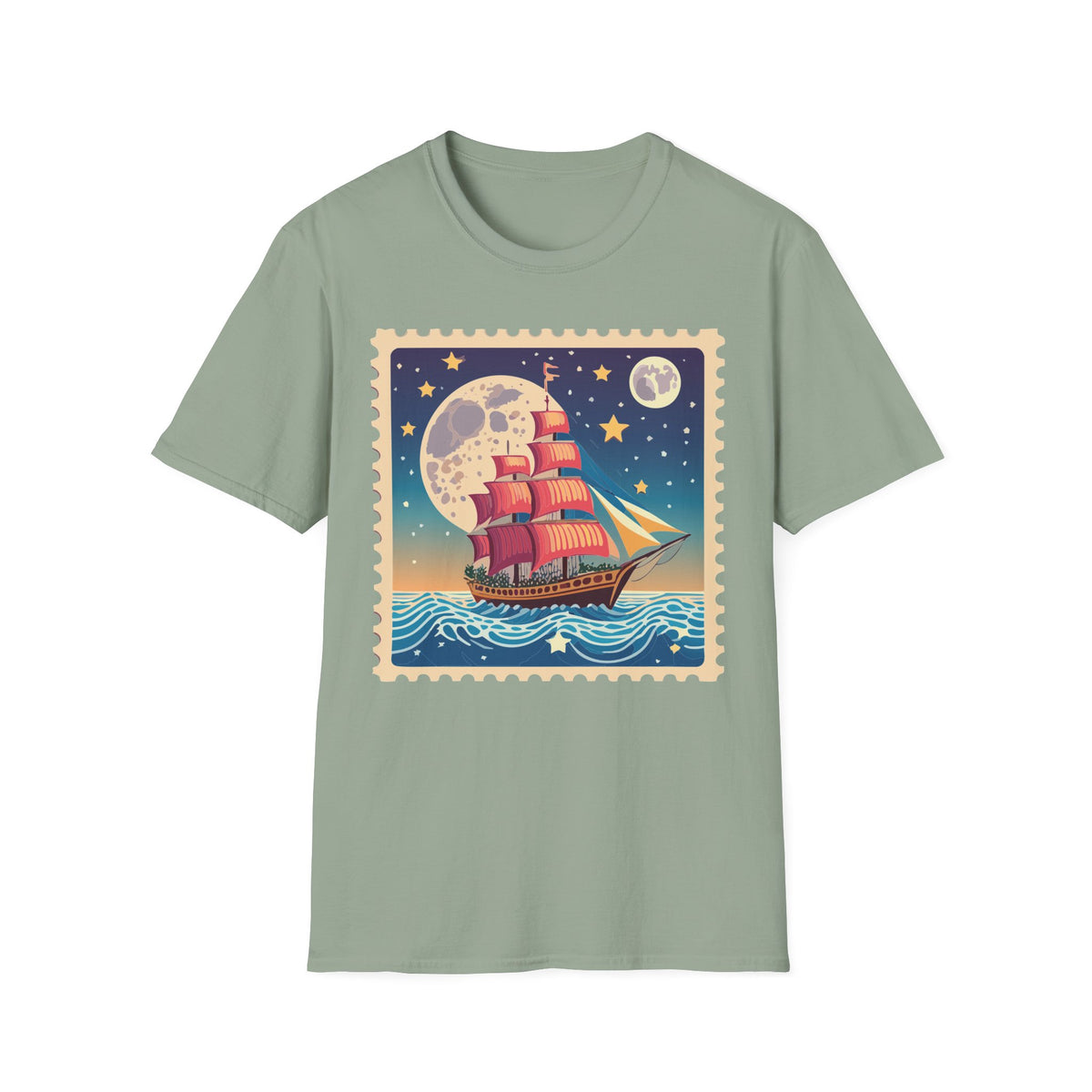 Vintage Sailing Ship Moon Poster T-Shirt | Nautical Ship Illustration