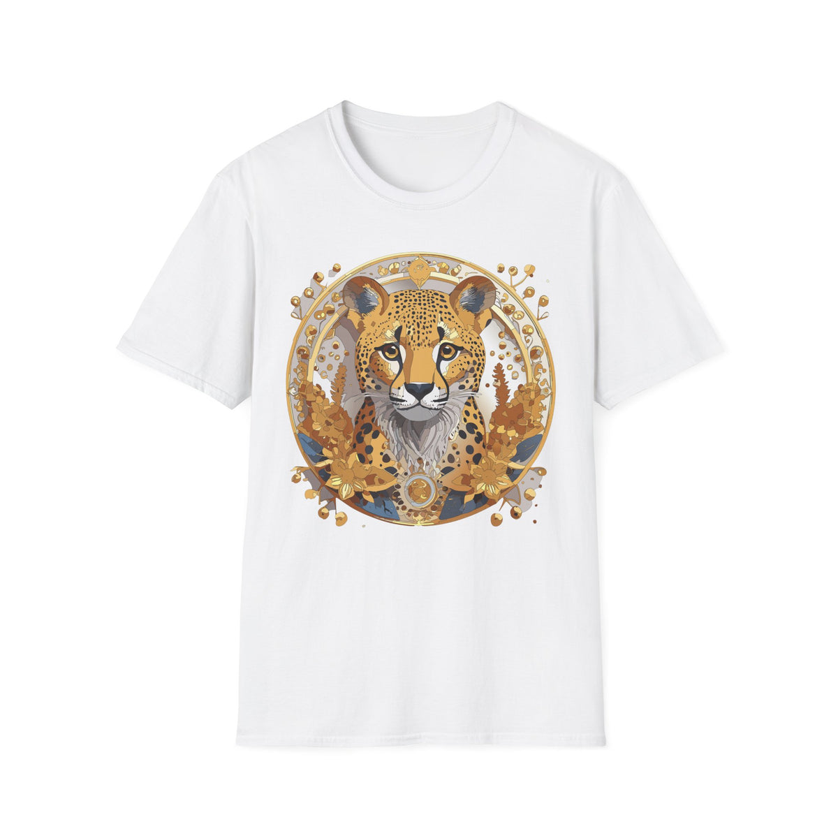 Golden Cheetah Face T-Shirt | Floral Accent, Boho Circle Design