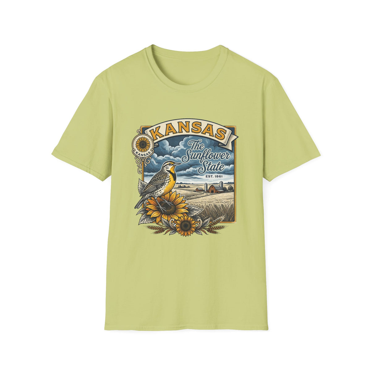 Kansas Sunflower State T-Shirt | Meadow Bird Vintage Travel Tourist Graphic Design Unisex 100 Cotton Gildan T-Shirt
