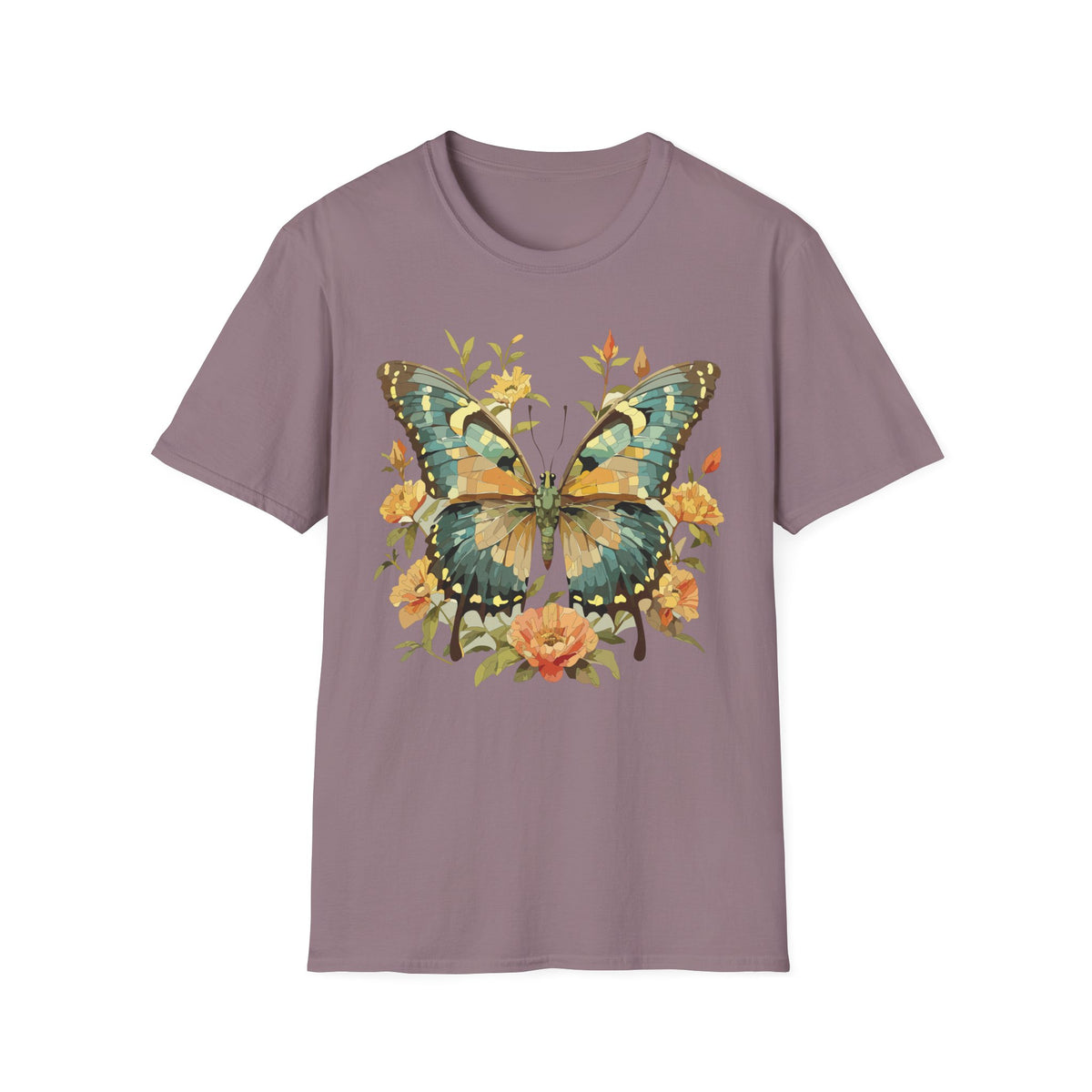 Butterfly Floral T-Shirt — Vintage Green & Gold Garden Graphic Tee Unisex 100 Cotton Gildan T-Shirt