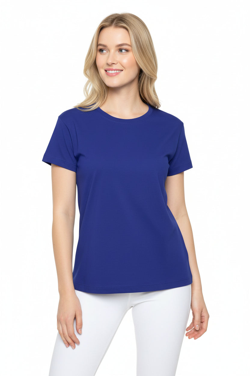 Navy Electric Color Women Sports Jersey Short Sleeves Poly Solid Blue Color Print Athletic Tee