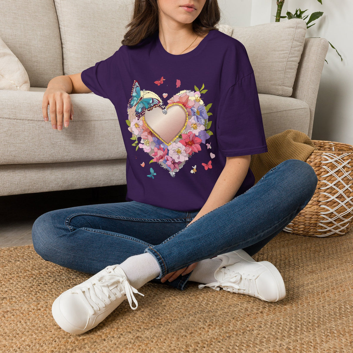 Butterfly Floral Heart Pink Gold Heart with Flowers and Butterflies Graphic Design Unisex 100 Cotton Gildan T-Shirt