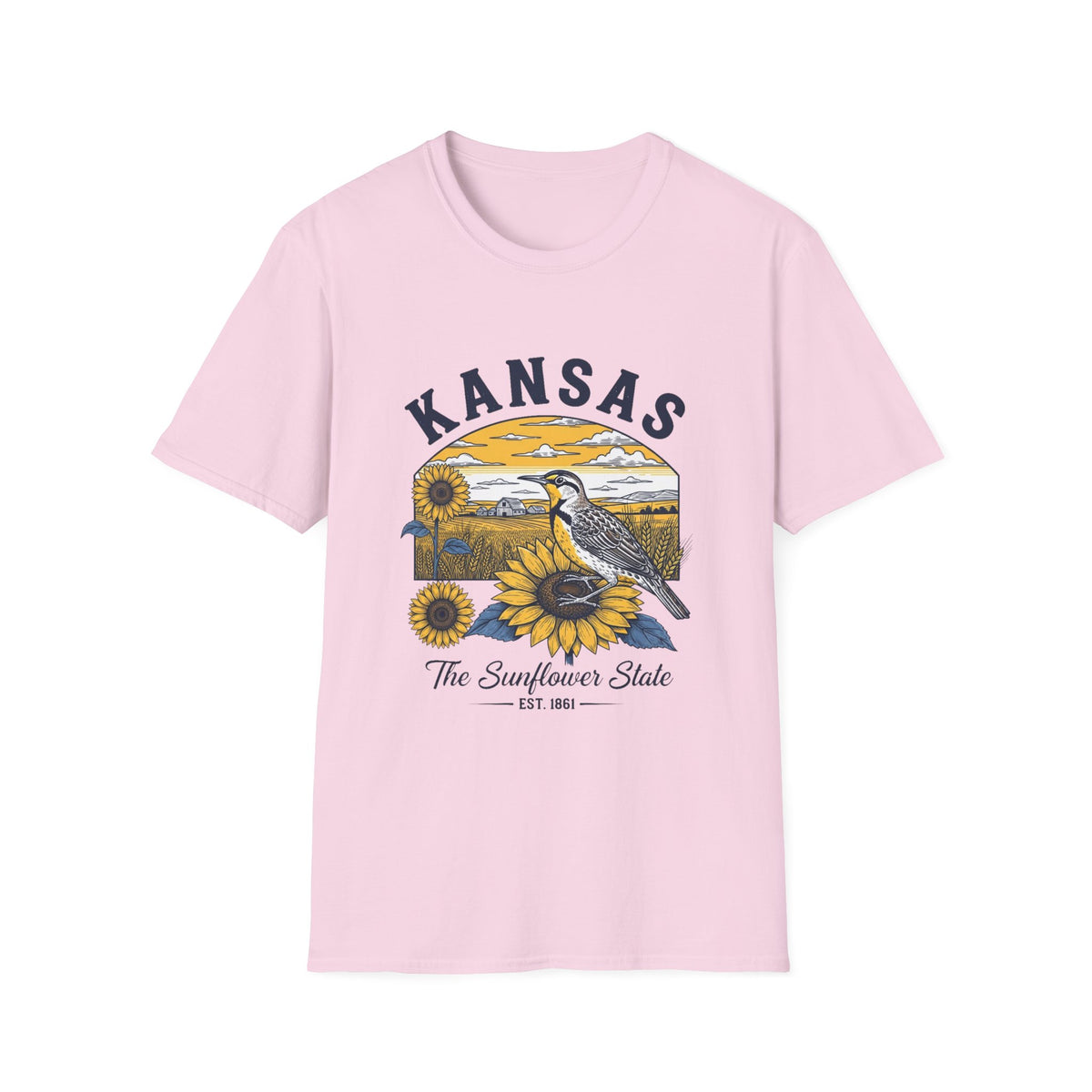 Kansas Sunflower State T-Shirt — Meadowlark Sunflowers Travel Tourist Graphic Design Unisex 100 Cotton Gildan T-Shirt