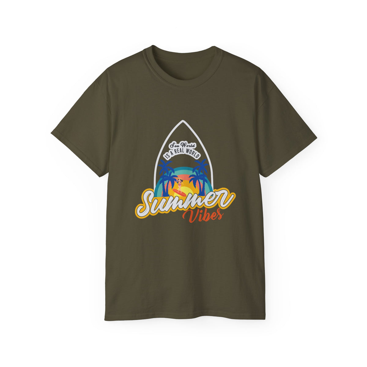 Summer Vibes Surf Graphic Tee | Tropical Sunset Palm Beach Design