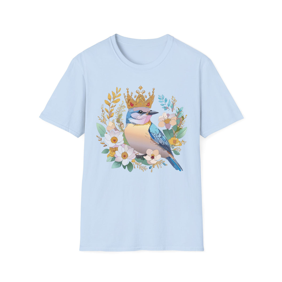 Crowned Bluebird Illustration T-Shirt | Floral Bird Crown Design