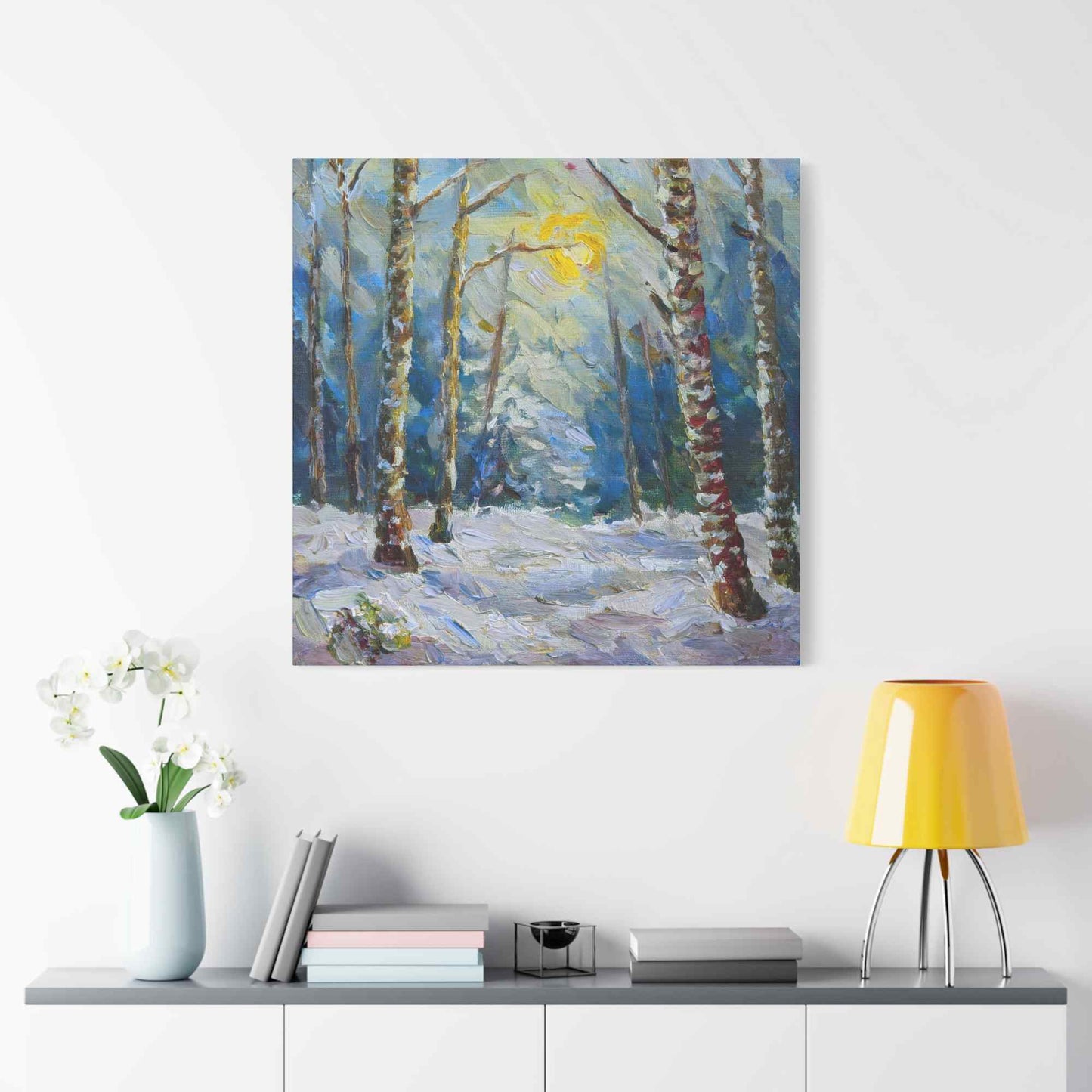 Snow Forest Print Canvas, Oil Paint Print 20x20, 24x24, 30x30, 32x32, 36x36 Art Design Print Pine-Wood Inner Frame MC-79
