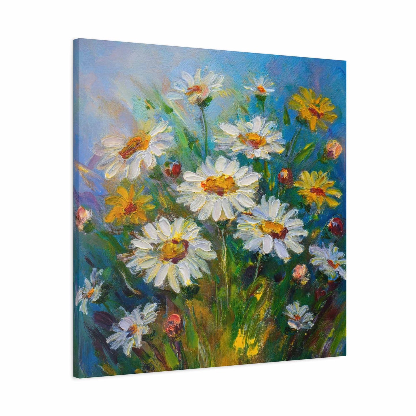 White Daisies Print Canvas, Floral Oil Paint Print 20x20, 24x24, 30x30, 32x32, 36x36 Art Design Pine-Wood Inner Frame MC-128
