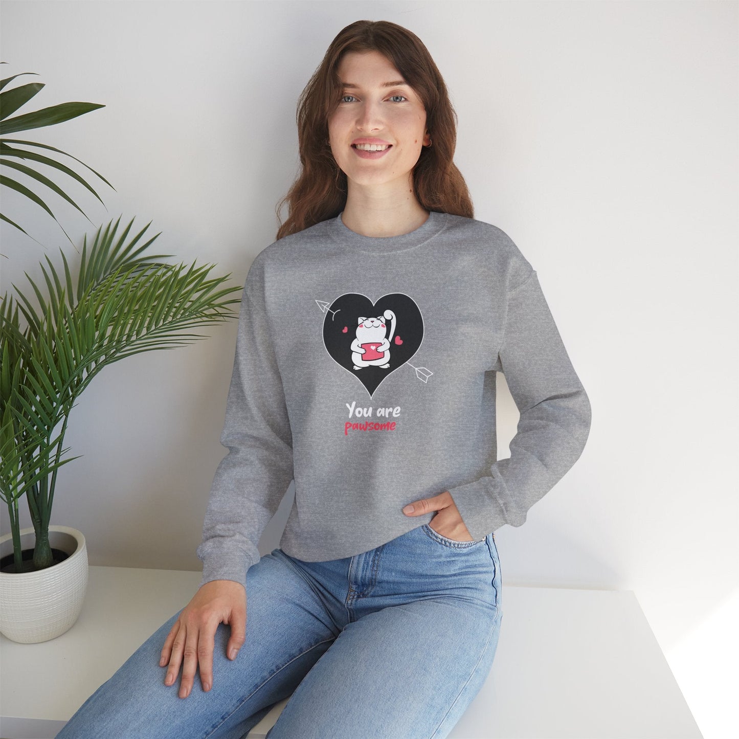 Cat Heart Sweatshirt Unisex Valentines Day Fifty Fifty Cotton Poly Crewneck Gildan 18000