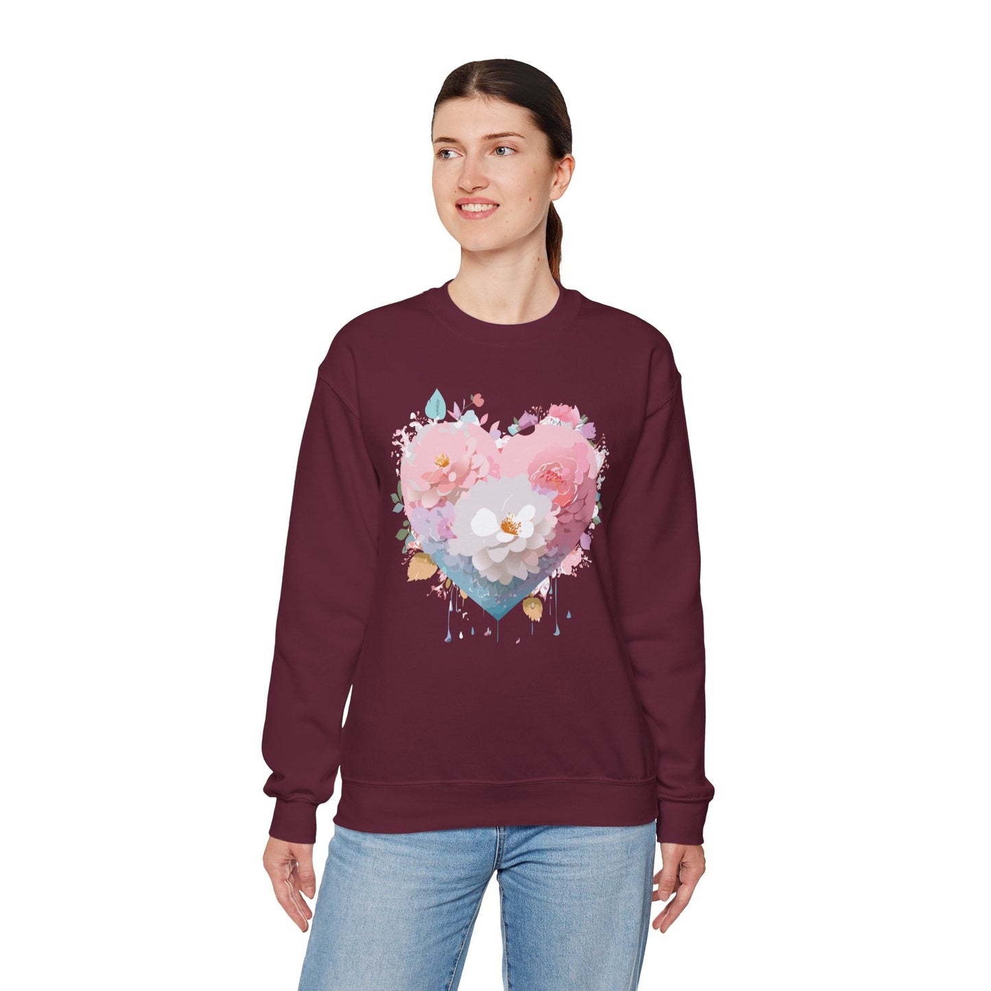 Unisex Floral Heart Sweatshirt For Valentines Day With Love Floral Print Crewneck