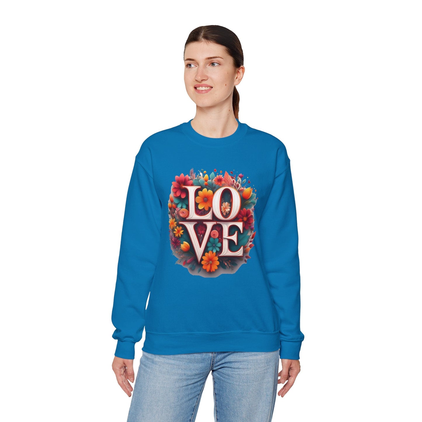Floral Love Valentines Day Sweatshirt Unisex Heavy Blend Crewneck 50/50 Cotton Polyester Gildan 18000