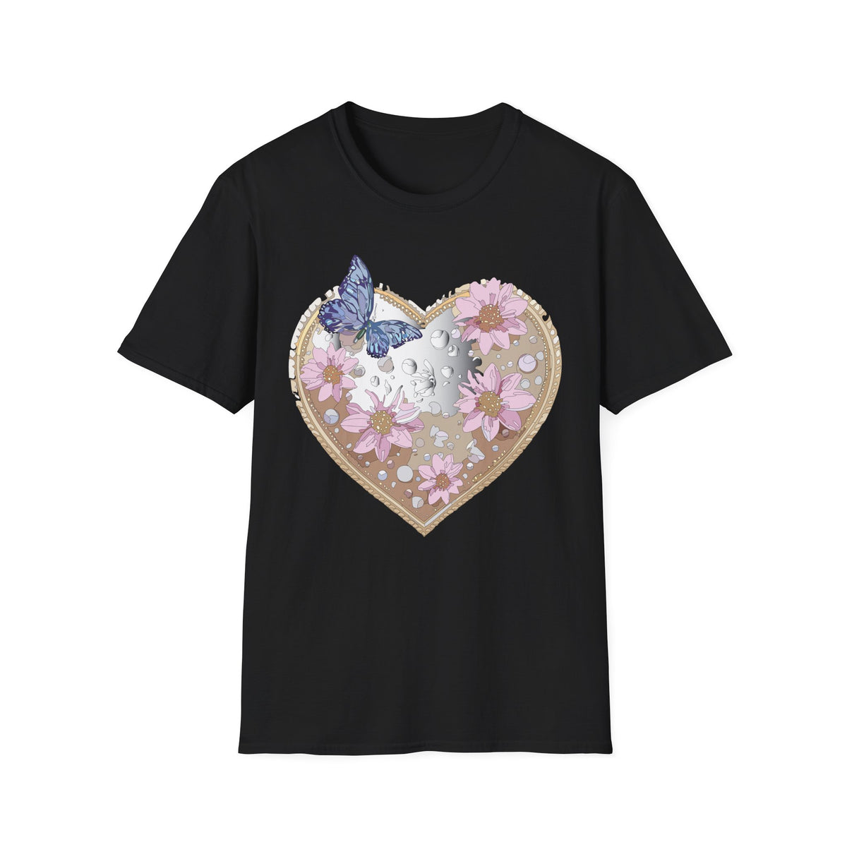 Floral Heart with Butterfly T-Shirt | Pink Flowers, Moon Phases Graphic Tee Unisex 100 Cotton Gildan T-Shirt