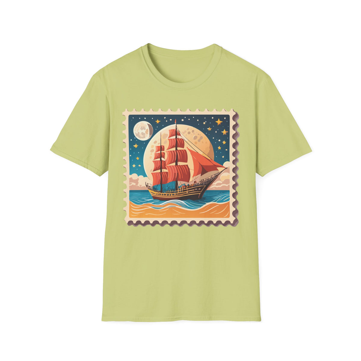 Vintage Sailing Ship Stamp T-Shirt | Retro Moonlit Ocean Illustration