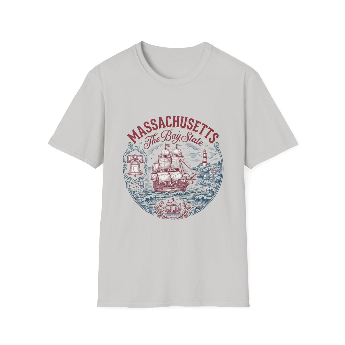 Massachusetts The Bay State T-Shirt – Vintage Nautical Ship Lighthouse Travel Tourist Graphic Design Unisex 100 Cotton Gildan T-Shirt