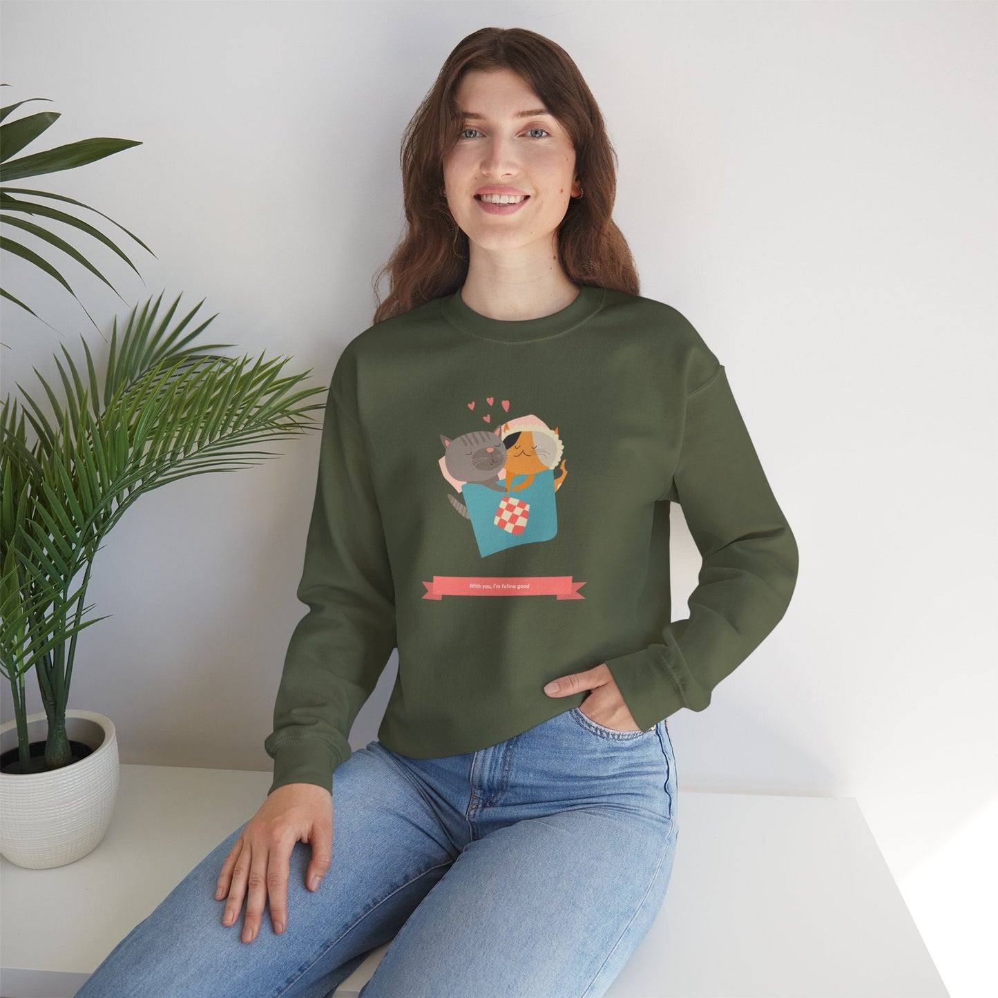 Cat Heart Sweatshirt Unisex Valentines Day 50 50 Cotton Poly Crewneck Gildan 18000