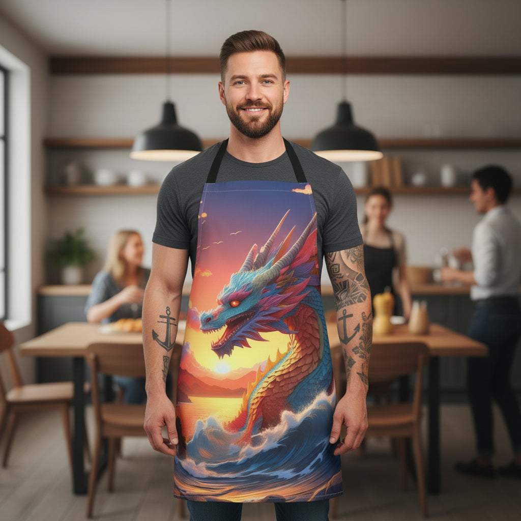Dragon Sunset Apron — Colorful Mythical Dragon Kitchen Apron Stain-Resistant - Art Print Canvas Apron