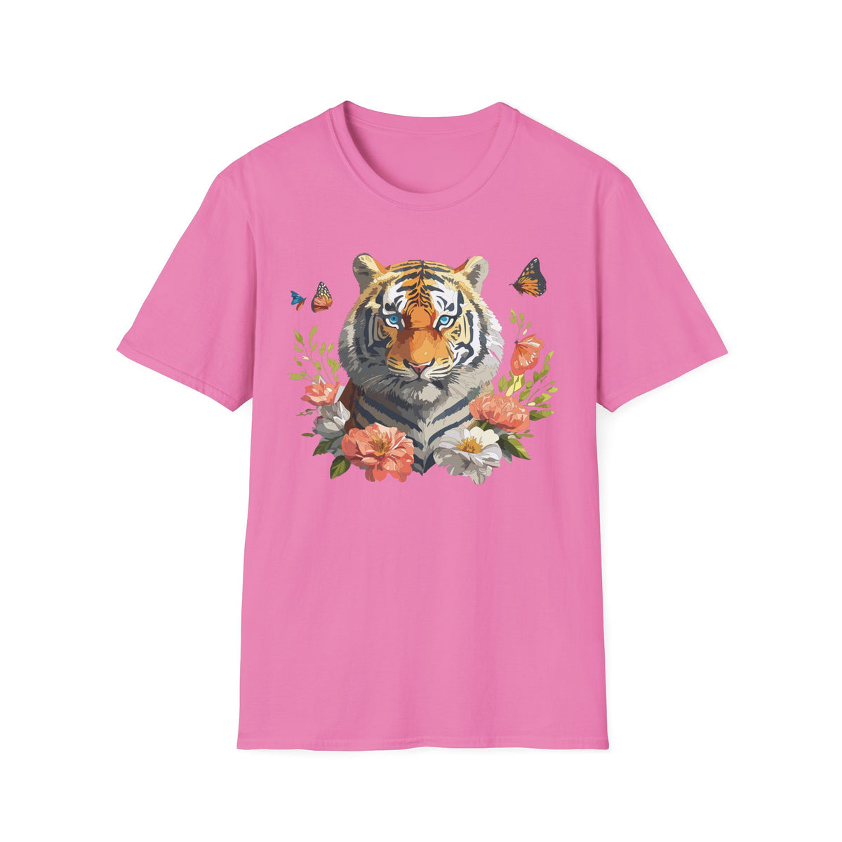 Floral Tiger Portrait T-Shirt | Watercolor Big Cat with Butterflies