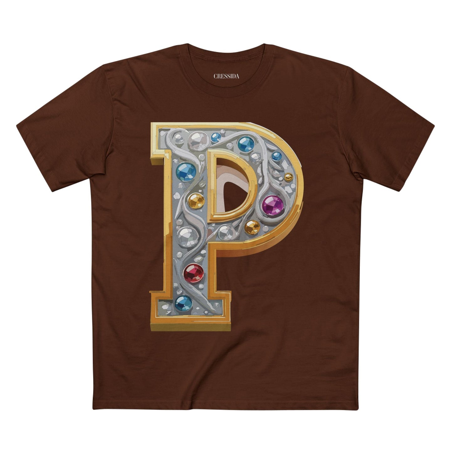 Letter P Graphic Design Tee Unisex 100 Cotton With Antique Gold Letters Artwork T-Shirt